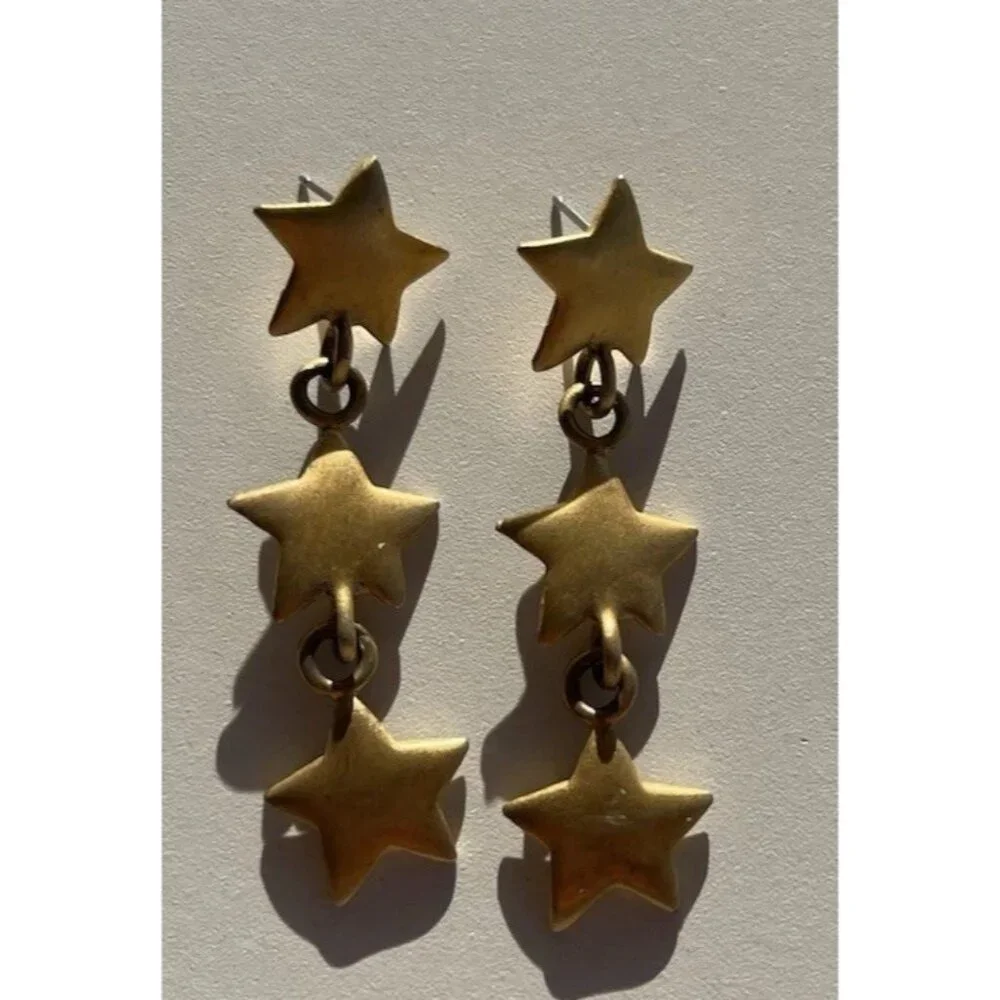 Vintage Ann Taylor Gold Tone 3 Star Drop Dangle Stud Earrings Quality RARE